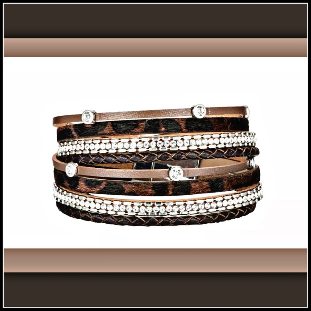 MULTILAYER LEATHER/SUEDE LEOPARD BLING Bracelet - Picture 2 of 5